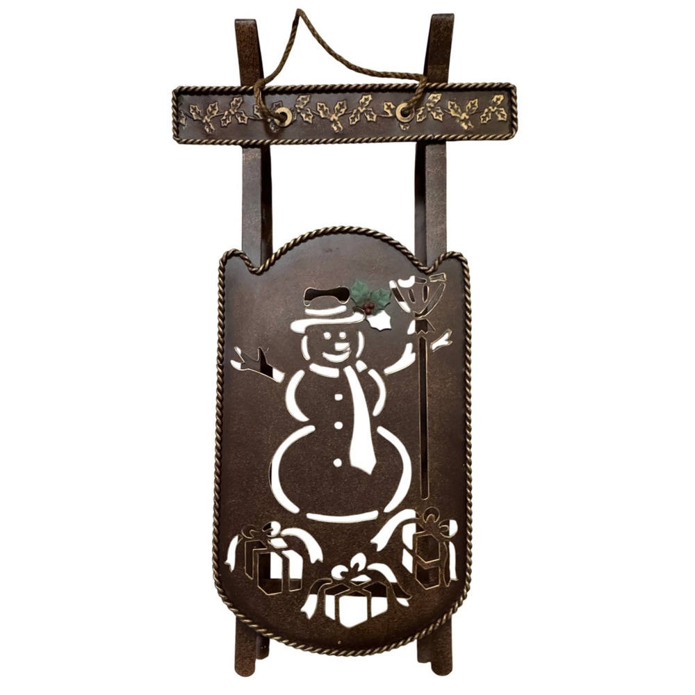 Rustic Metal Snowman Sled Christmas Festive Holiday Decor Wall Standing Art Sign